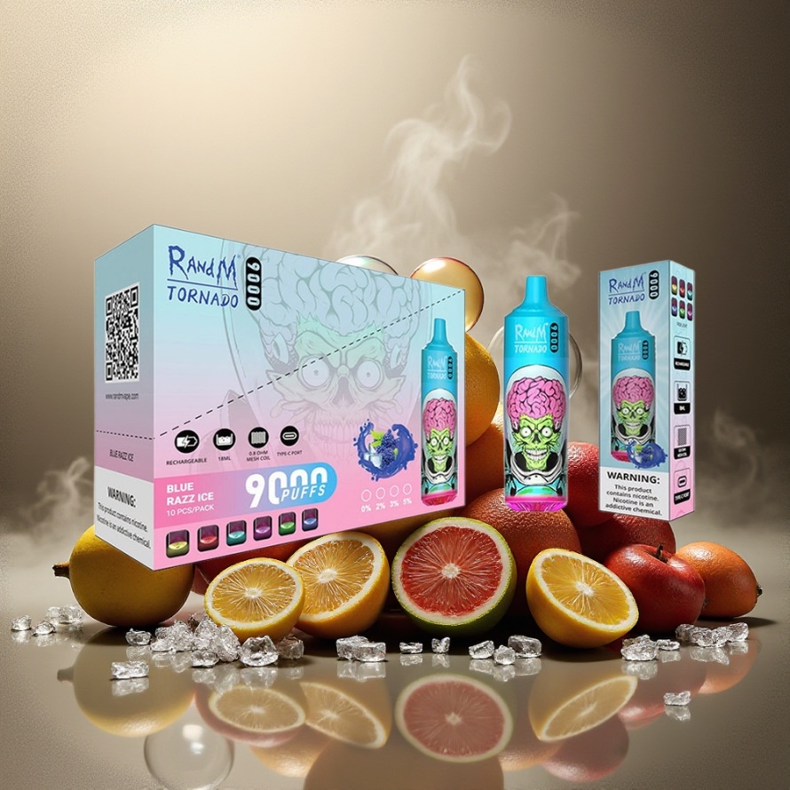 RandM Fumot Tornado 9000 Puffs Svensk Grossist Engångs Vape Svart Drak Is med 850 mAh & 18 mL Mesh Coil