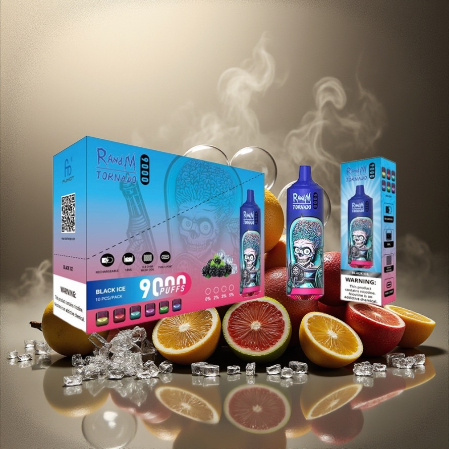 RandM Fumot Tornado 9000 Puffs Svensk Grossist Engångs Vape Svart Is med 18 mL och Mesh Coil