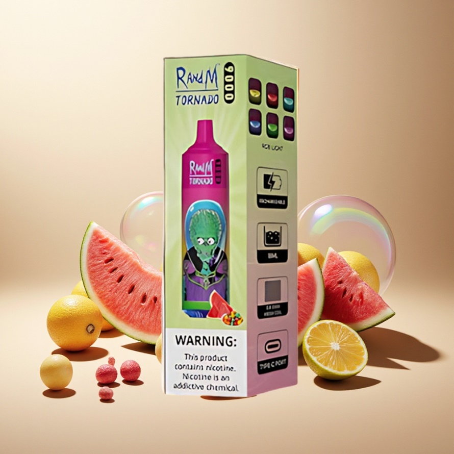 RandM Fumot Tornado 9000 Puffs Svensk Grossist Engångs Vape Vattenmelon Tuggummi 850mAh 18mL Mesh Coil RGB Display
