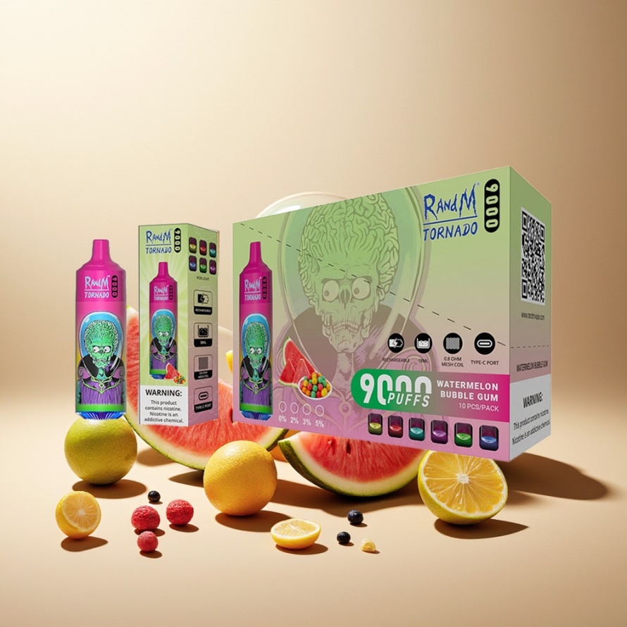 RandM Fumot Tornado 9000 Puffs Svensk Grossist Engångs Vape Vattenmelon Tuggummi 850mAh 18mL Mesh Coil RGB