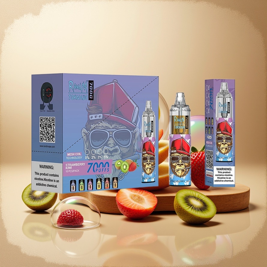 RandM Fumot Tornado 7000 Puffs Engångs Vape Jordgubb Kiwi 14ML Mesh Coil Type-C RGB Air-Adjustable svensk grossist
