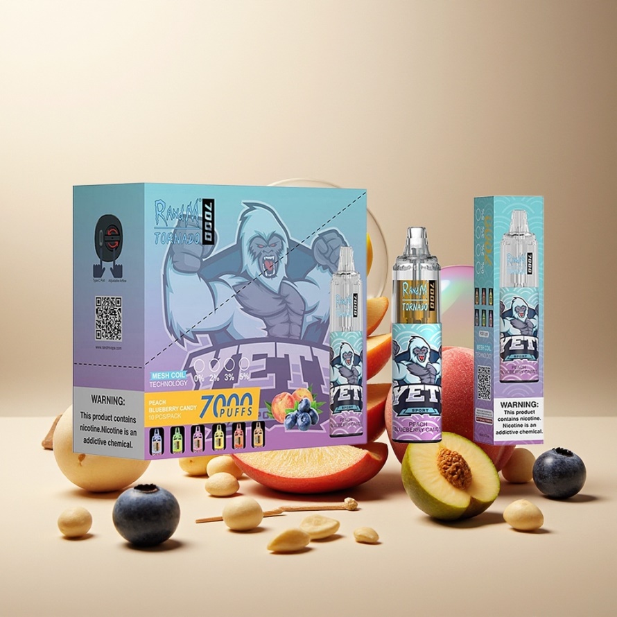RandM Fumot Tornado 7000 Puffs Engångs Vape Persika Blåbär Godis Svensk Grossist 14ML Mesh Coil Type-C RGB