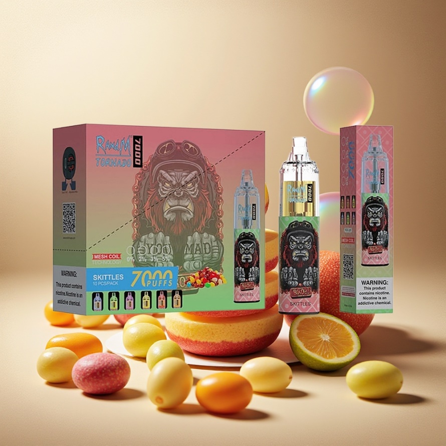 RandM Fumot Tornado 7000 Puffs Engångs Vape Regnbåge (Skittles) – 14 ML E-liquid, Mesh Coil, RGB Light, svensk grossist