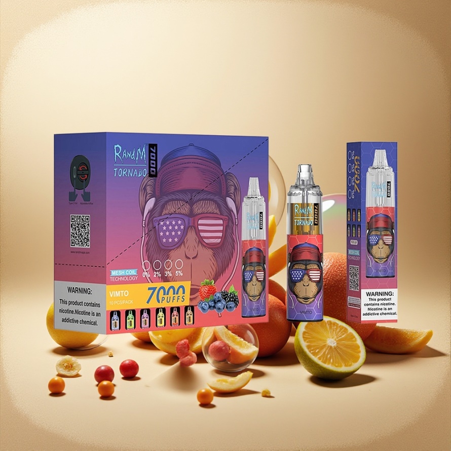 RandM Fumot Tornado 7000 Puffs Engångs Vape Vimto Svensk Grossist med 14 ML E-liquid, 850 MAH, Mesh Coil, Type-C, RGB, Luftinställning