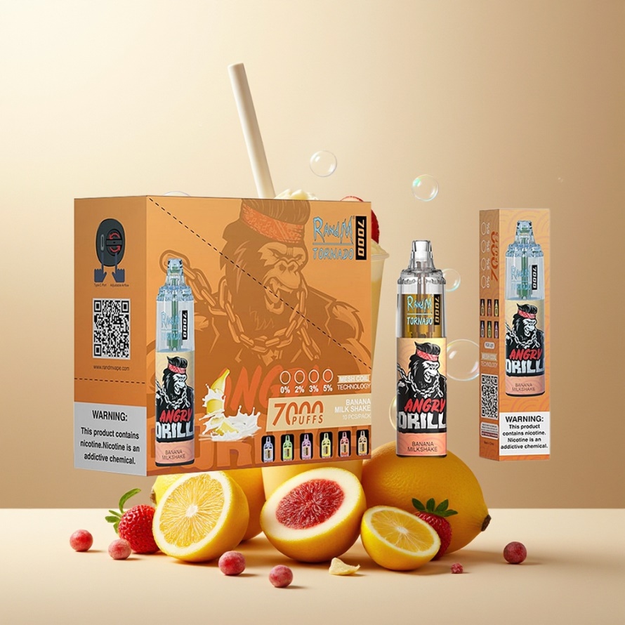 RandM Fumot Tornado 7000 Puffs Svensk Grossist Engångs Vape Banan Milkshake 14ML Mesh Coil Type-C RGB Luftjusterbar