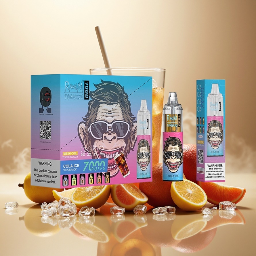 RandM Fumot Tornado 7000 Puffs Svensk Grossist Engångs Vape Cola Is 14ML 850MAH Mesh Coil Type-C RGB Luftjusterbar