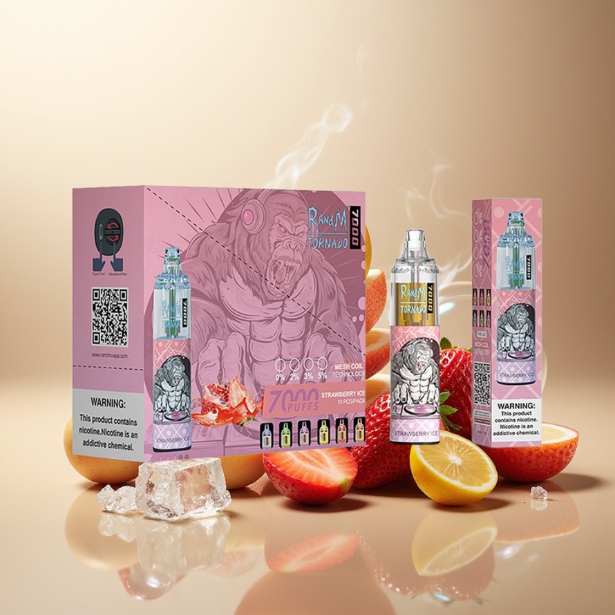 RandM Fumot Tornado 7000 Puffs Svensk Grossist Engångs Vape Jordgubbsis 14ML Mesh Coil Type-C RGB Luftjusterbar