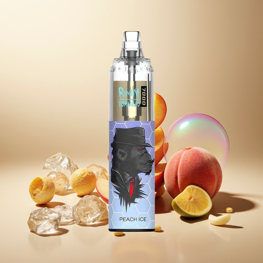 RandM Fumot Tornado 7000 Puffs Svensk Grossist Engångs Vape Persika Is med 14 ML E-liquid, 850 MAH Batteri, Mesh Coil & RGB Light