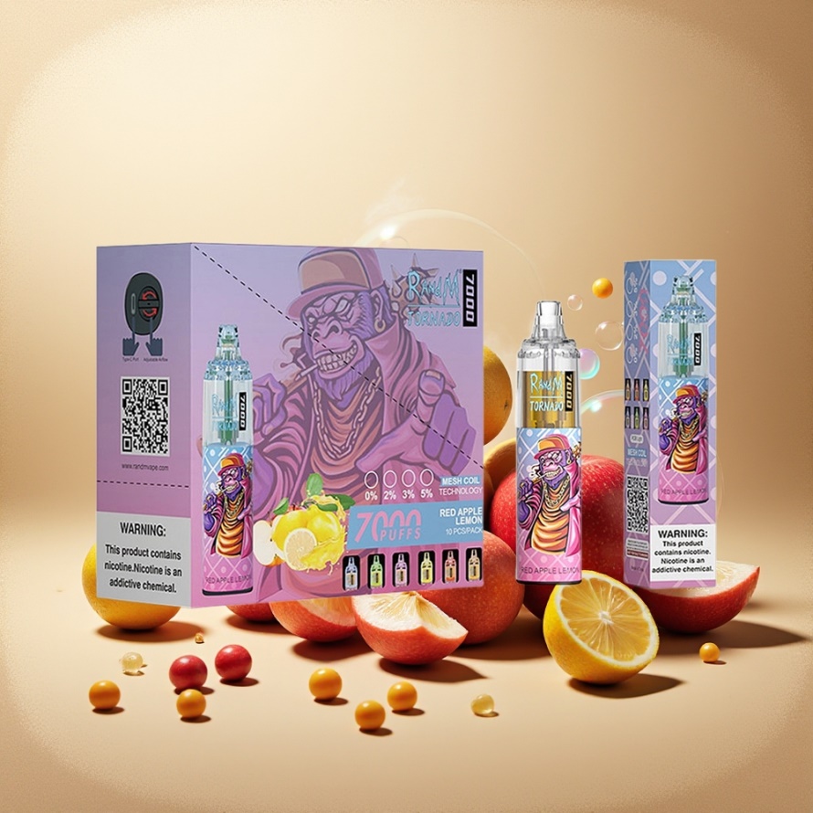 RandM Fumot Tornado 7000 Puffs Svensk Grossist Engångs Vape Rött Äpple Citron 14ML Mesh Coil Air-Adjustable