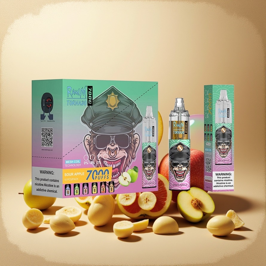 RandM Fumot Tornado 7000 Puffs Svensk Grossist Engångs Vape Suräpple med 14 ML E-liquid, 850 MAH Batteri & Mesh Coil