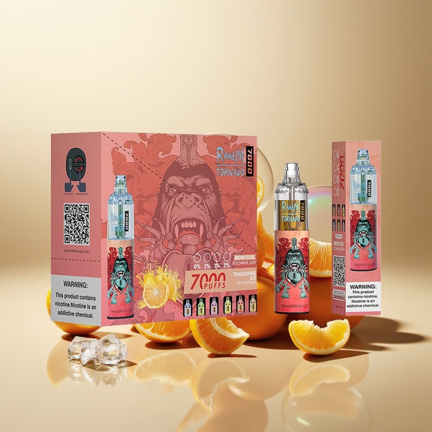 RandM Fumot Tornado 7000 Puffs Svensk Grossist Engångs Vape Tangerin Is 14ML Mesh Coil Type-C RGB Luftjusterbar