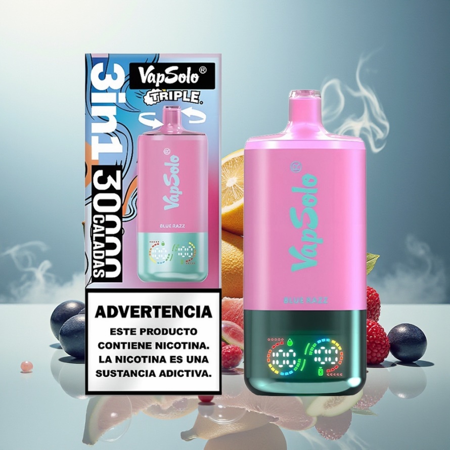 VapSolo Tripe 30000 Puffs Svensk Grossist Engångs Vape Blå Hallon 40ml 3 Tankar Type-C