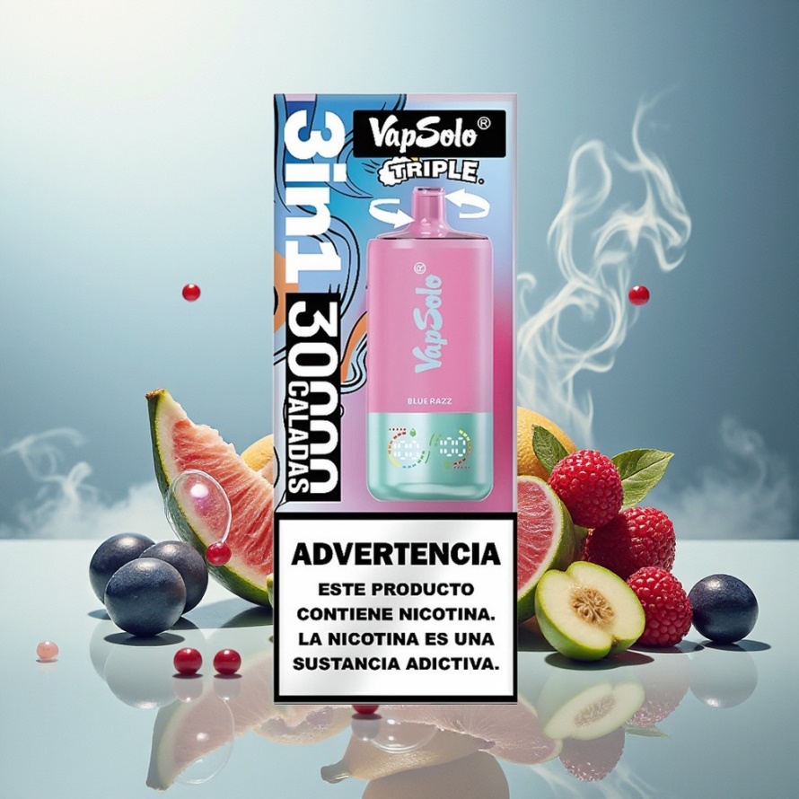 VapSolo Tripe 30000 Puffs Svensk Grossist Engångs Vape Blå Hallon 40ml 3 Tankar Type-C