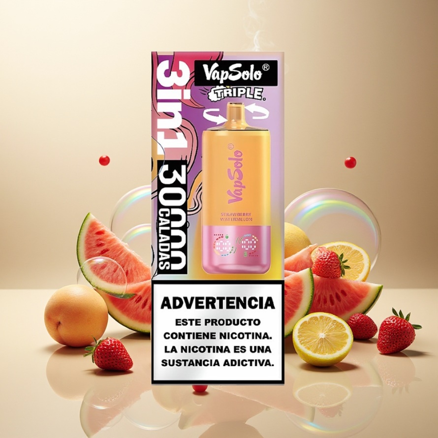 Vapsolo Tripe 30000 Puffs 40ml 3 Tankar Svensk Grossist Jordgubb Vattenmelon & Citron Persika