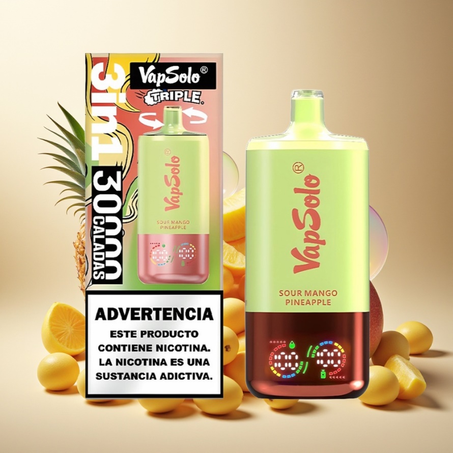 Vapsolo Tripe 30000 Puffs Svensk Grossist Engångs Vape Sur Mango Ananas 40ml 3 Tankar Typ-C